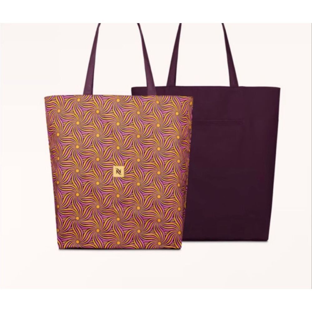 NWT Nespresso Limited Edition Festive Reversible Tote Bag Purple Gold Large